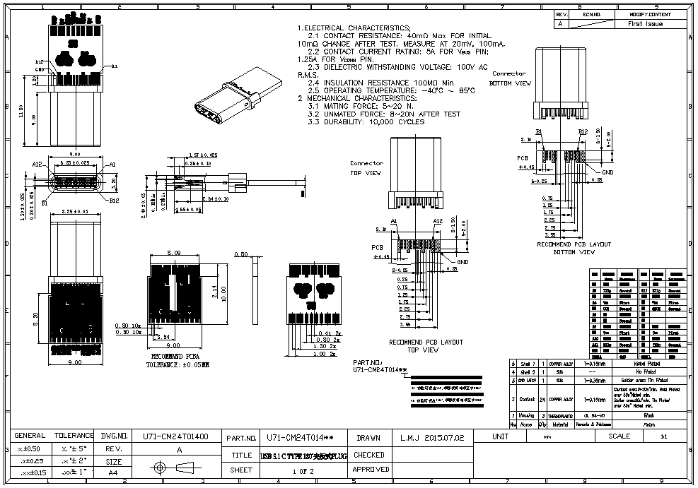 USB 3.1 C TYPE 180°夹板式PLUG